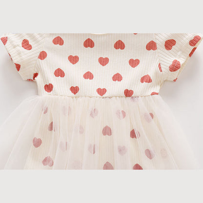 MyKids-USA® Baby Girl Mesh Patchwork Design Small Heart Print Pattern Round Neck Short-Sleeve bodysuit Dress