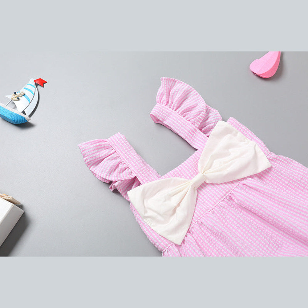 MyKids-USA® Baby Girl Striped Pattern Ribbon Patchwork Ruffle Cuff Design Sleeveless bodysuit