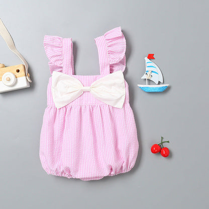 MyKids-USA® Baby Girl Striped Pattern Ribbon Patchwork Ruffle Cuff Design Sleeveless bodysuit