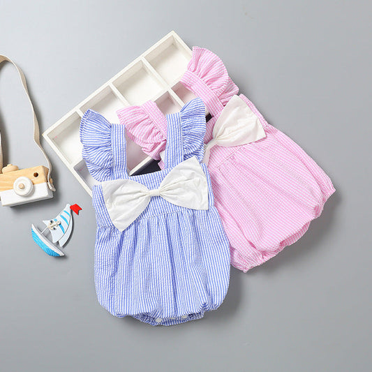 MyKids-USA® Baby Girl Striped Pattern Ribbon Patchwork Ruffle Cuff Design Sleeveless bodysuit
