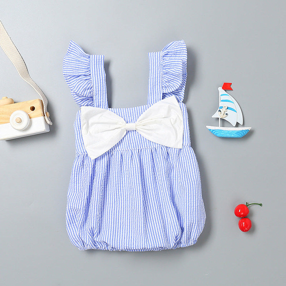 MyKids-USA® Baby Girl Striped Pattern Ribbon Patchwork Ruffle Cuff Design Sleeveless bodysuit