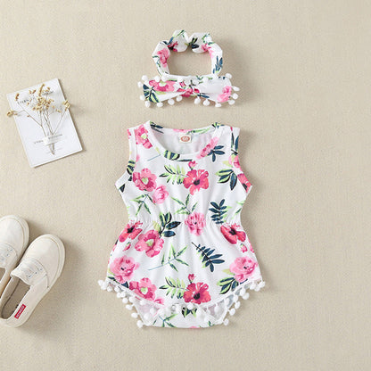 MyKids-USA® Baby Girl Printed Patterns Lace Design Sleeveless bodysuit With Headband