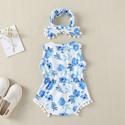 MyKids-USA® Baby Girl Printed Patterns Lace Design Sleeveless bodysuit With Headband