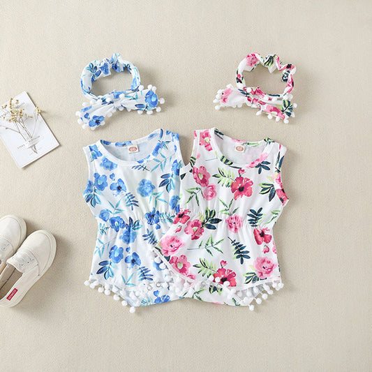 MyKids-USA® Baby Girl Printed Patterns Lace Design Sleeveless bodysuit With Headband