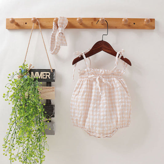 MyKids-USA® Baby Girl Fresh Plaid Pattern Bow Tie Design Sleeveless bodysuit In Outfit Wearing