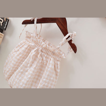 MyKids-USA® Baby Girl Fresh Plaid Pattern Bow Tie Design Sleeveless bodysuit In Outfit Wearing