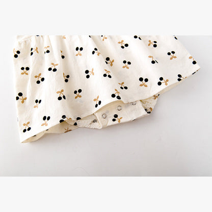 MyKids-USA® Baby Girls Cherry Print Doll Collar Design Neck Buttoned Puff-Sleeved Dress bodysuit