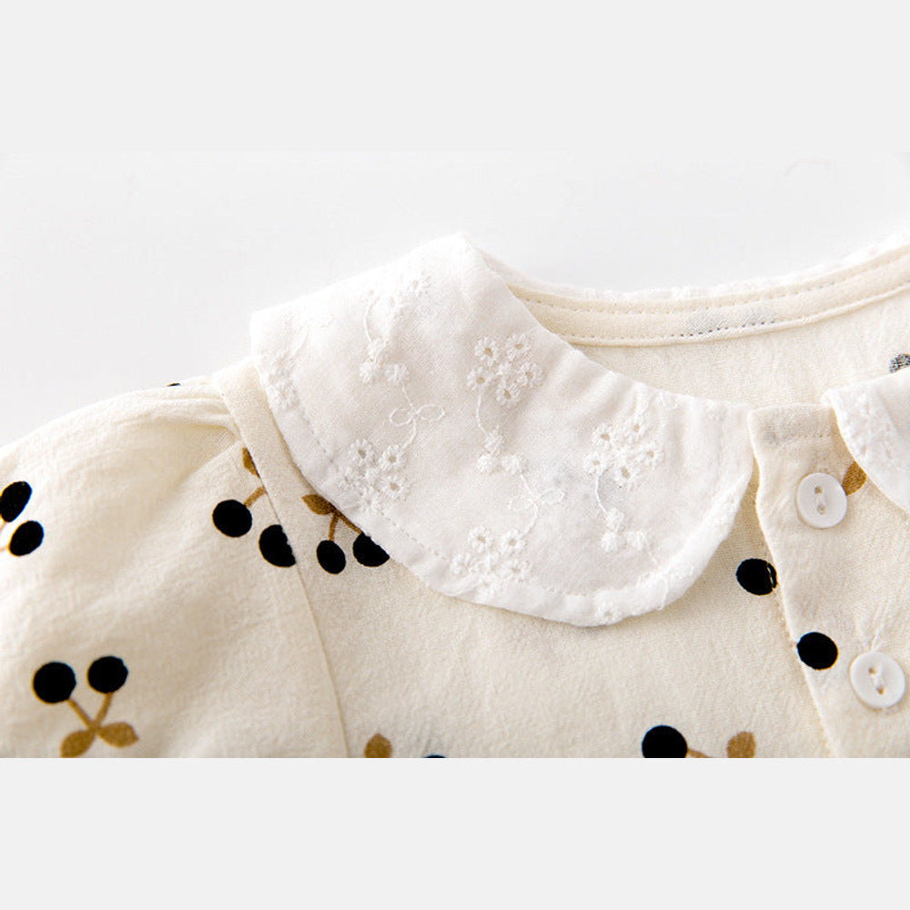 MyKids-USA® Baby Girls Cherry Print Doll Collar Design Neck Buttoned Puff-Sleeved Dress bodysuit