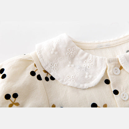 MyKids-USA® Baby Girls Cherry Print Doll Collar Design Neck Buttoned Puff-Sleeved Dress bodysuit