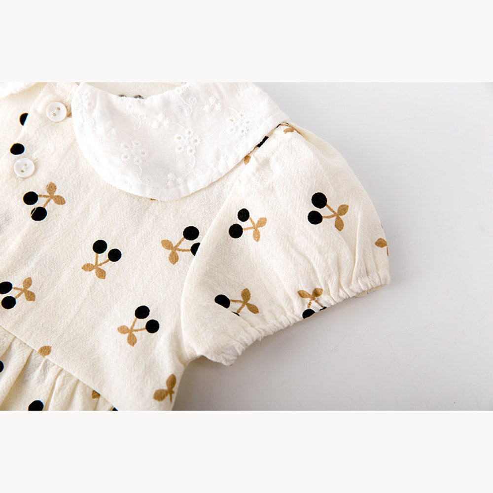 MyKids-USA® Baby Girls Cherry Print Doll Collar Design Neck Buttoned Puff-Sleeved Dress bodysuit