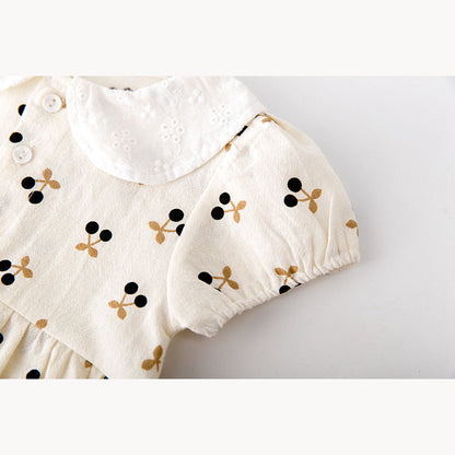 MyKids-USA® Baby Girls Cherry Print Doll Collar Design Neck Buttoned Puff-Sleeved Dress bodysuit