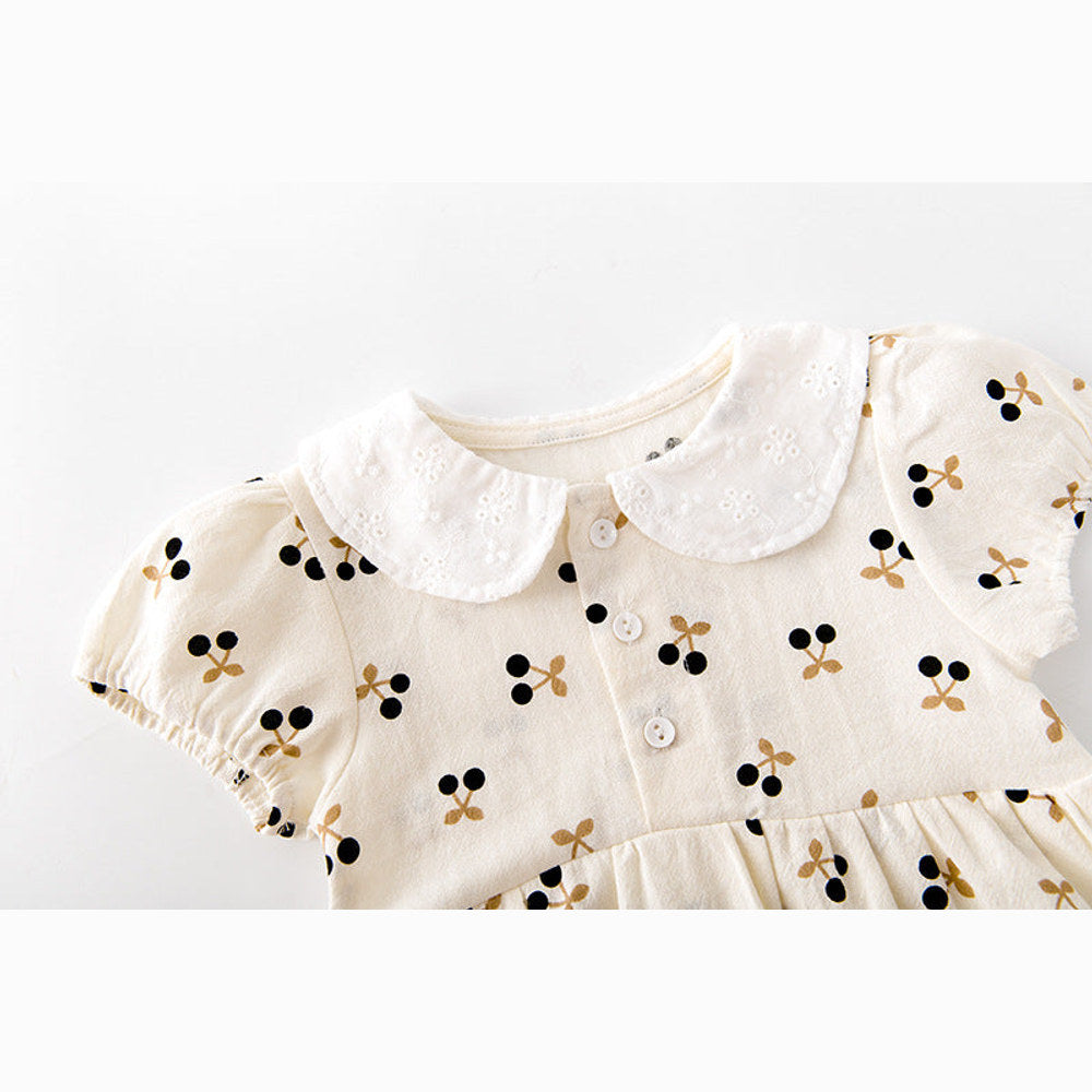 MyKids-USA® Baby Girls Cherry Print Doll Collar Design Neck Buttoned Puff-Sleeved Dress bodysuit