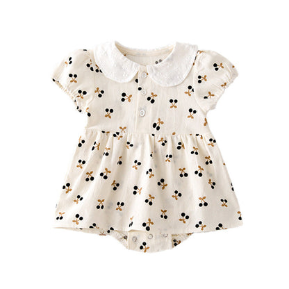 MyKids-USA® Baby Girls Cherry Print Doll Collar Design Neck Buttoned Puff-Sleeved Dress bodysuit