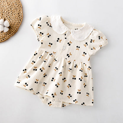 MyKids-USA® Baby Girls Cherry Print Doll Collar Design Neck Buttoned Puff-Sleeved Dress bodysuit