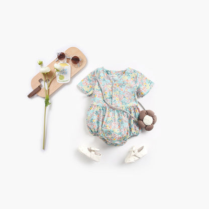 MyKids-USA® Baby Girls Floral Print V-Neck Buttoned Design Short-Sleeved bodysuit