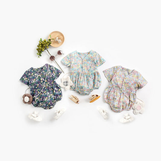 MyKids-USA® Baby Girls Floral Print V-Neck Buttoned Design Short-Sleeved bodysuit