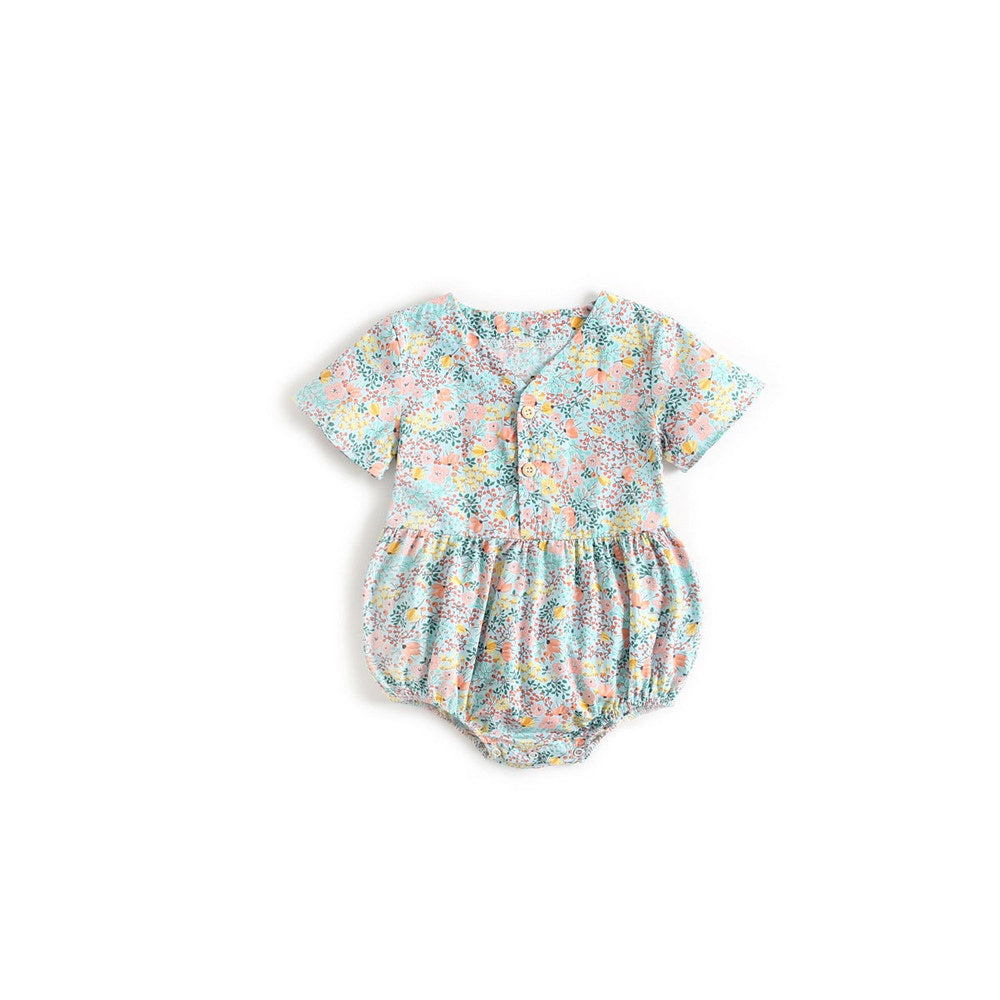 MyKids-USA® Baby Girls Floral Print V-Neck Buttoned Design Short-Sleeved bodysuit