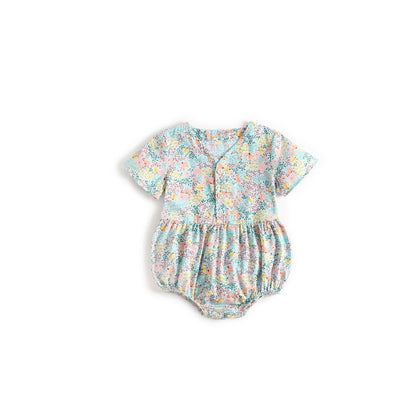 MyKids-USA® Baby Girls Floral Print V-Neck Buttoned Design Short-Sleeved bodysuit