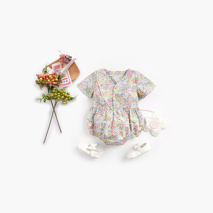 MyKids-USA® Baby Girls Floral Print V-Neck Buttoned Design Short-Sleeved bodysuit