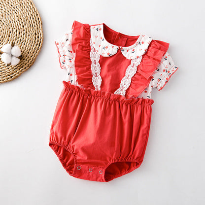 MyKids-USA® Baby Girl Floral Print Lace Patchwork Ruffle Design Doll-Neck bodysuit