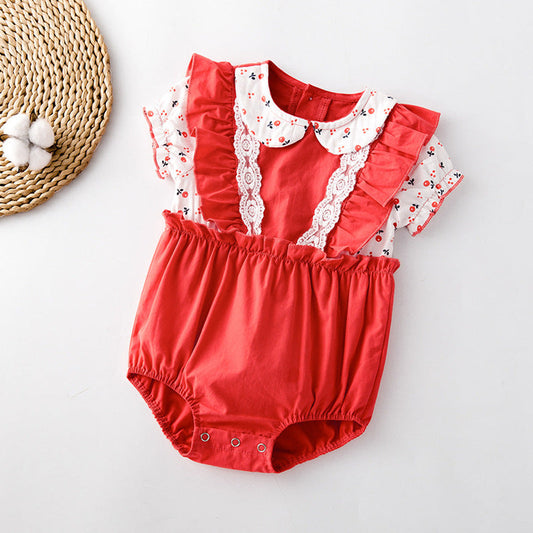 MyKids-USA® Baby Girl Floral Print Lace Patchwork Ruffle Design Doll-Neck bodysuit
