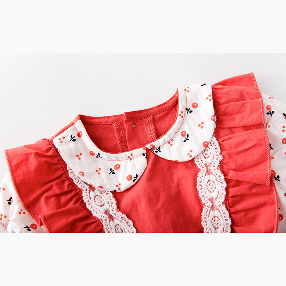MyKids-USA® Baby Girl Floral Print Lace Patchwork Ruffle Design Doll-Neck bodysuit