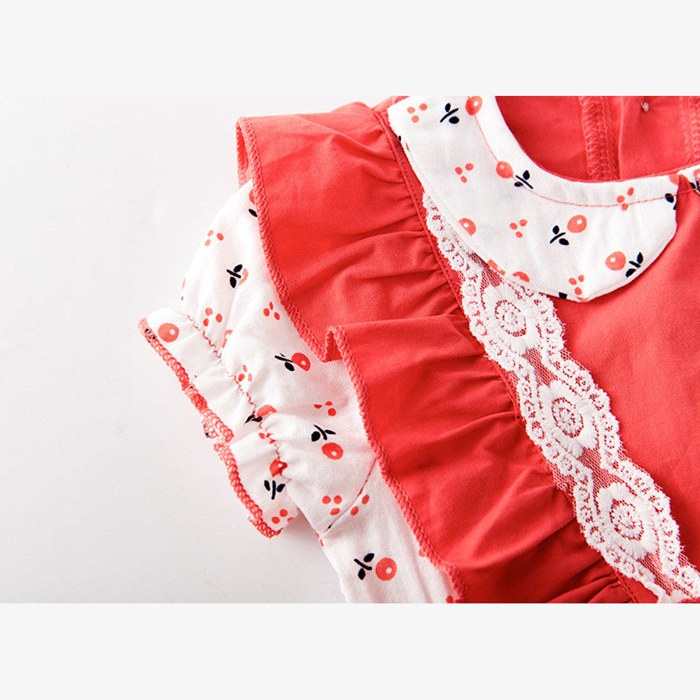 MyKids-USA® Baby Girl Floral Print Lace Patchwork Ruffle Design Doll-Neck bodysuit