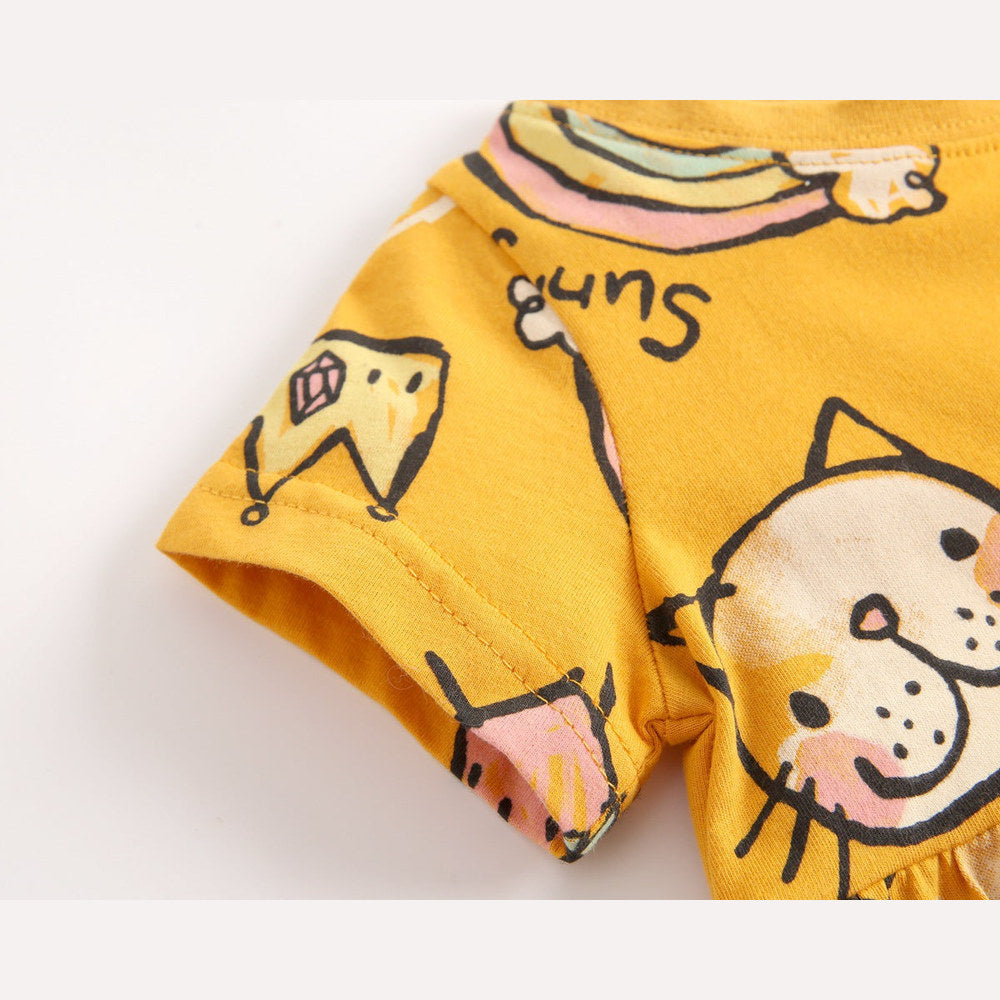 MyKids-USA® Baby Girls Cartoon Print Short-Sleeved O-Neck Dress