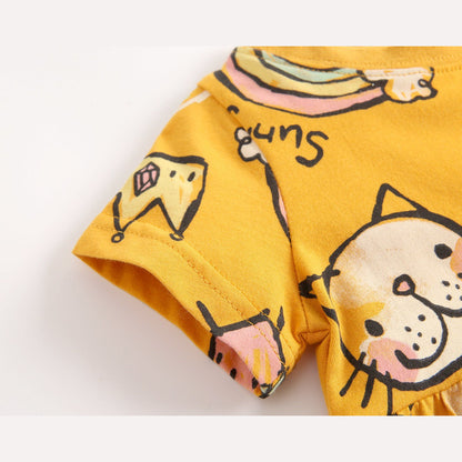 MyKids-USA® Baby Girls Cartoon Print Short-Sleeved O-Neck Dress