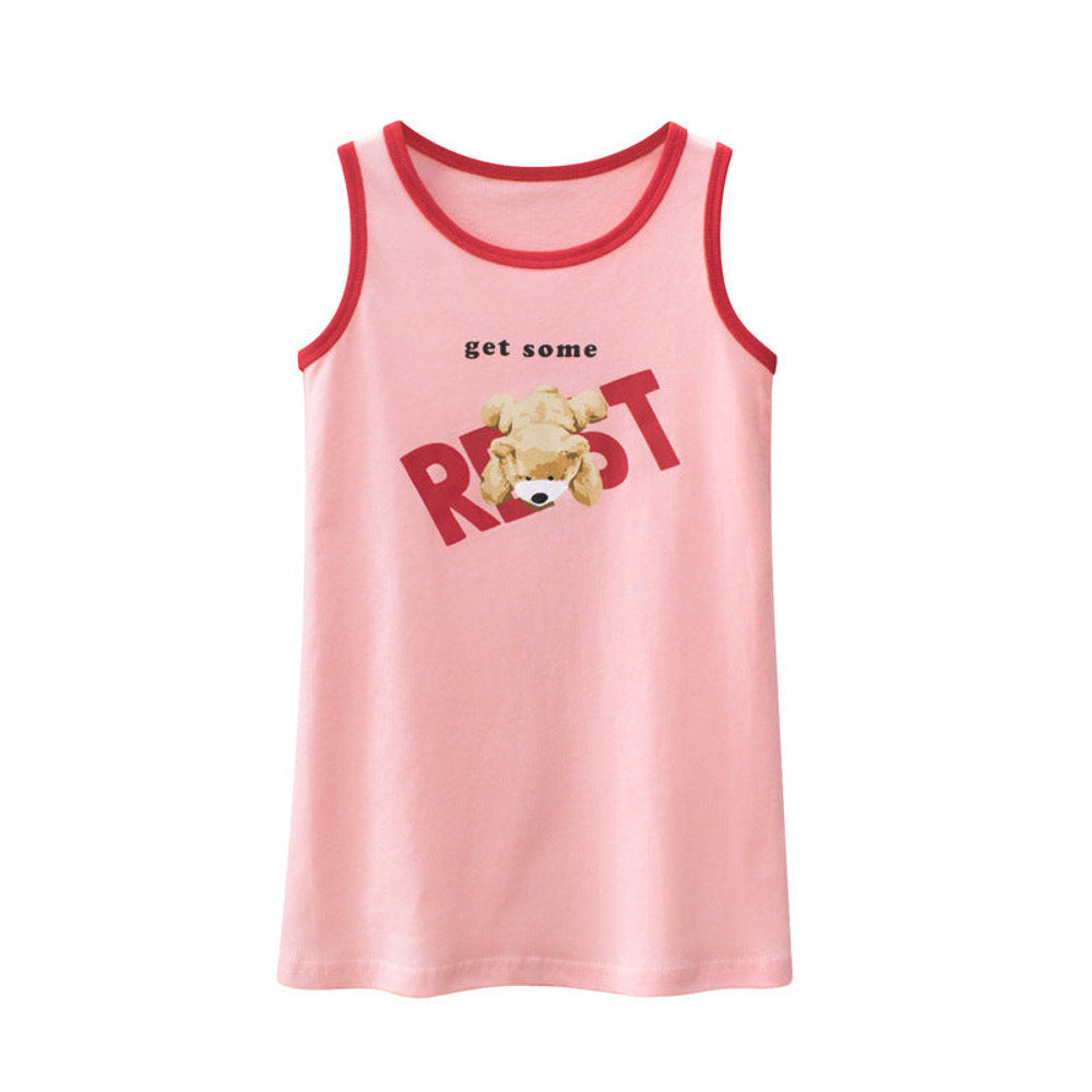 MyKids-USA® Baby Girl Bear Print Neck Color Matching Design Sleeveless T-Shirt