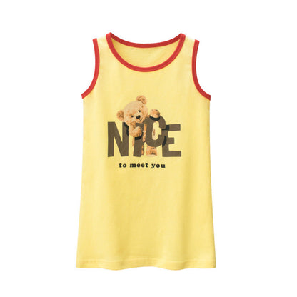 MyKids-USA® Baby Girl Bear Print Neck Color Matching Design Sleeveless T-Shirt