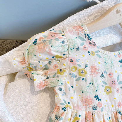 MyKids-USA® Baby Girl Floral Print O-Neck Puff-Sleeved Short Dress