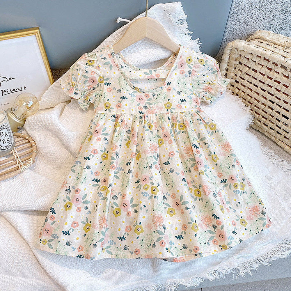MyKids-USA® Baby Girl Floral Print O-Neck Puff-Sleeved Short Dress