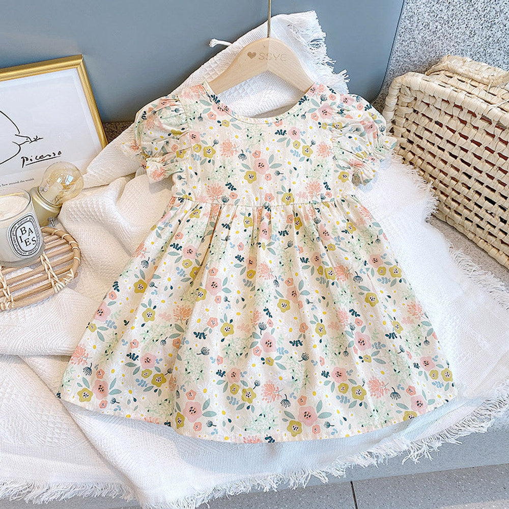 MyKids-USA® Baby Girl Floral Print O-Neck Puff-Sleeved Short Dress