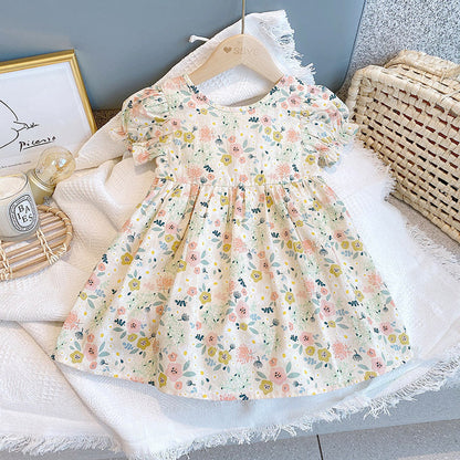 MyKids-USA® Baby Girl Floral Print O-Neck Puff-Sleeved Short Dress
