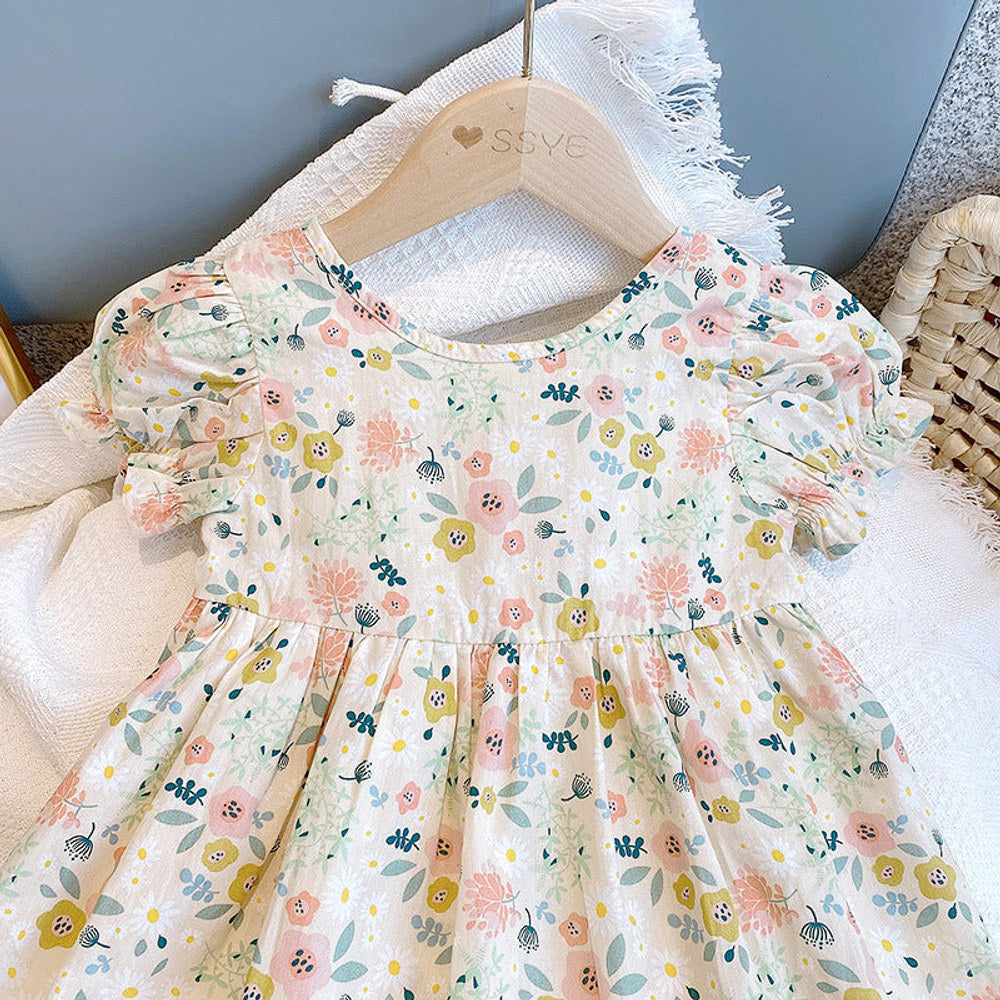 MyKids-USA® Baby Girl Floral Print O-Neck Puff-Sleeved Short Dress