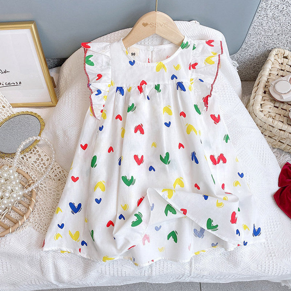 MyKids-USA® Baby Girl Heart Print Pattern Ruffle Design Sleeveless Dress