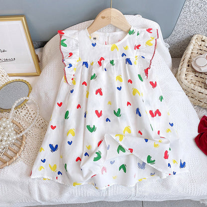 MyKids-USA® Baby Girl Heart Print Pattern Ruffle Design Sleeveless Dress