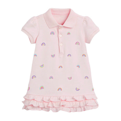 MyKids-USA® Baby Girl Allover Rainbow Graphic Polo Neck Rufffle Hem Dress