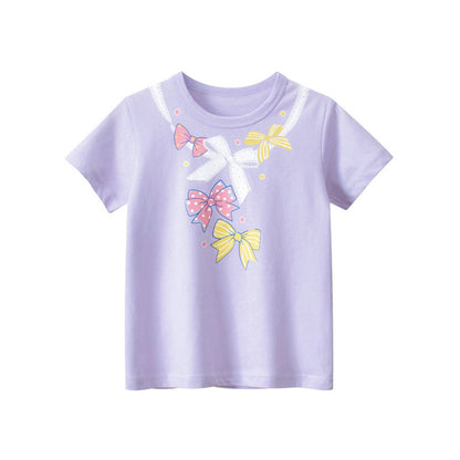 MyKids-USA® Baby Girl Solid Color Bow Tie Pattern Short Sleeve Tee