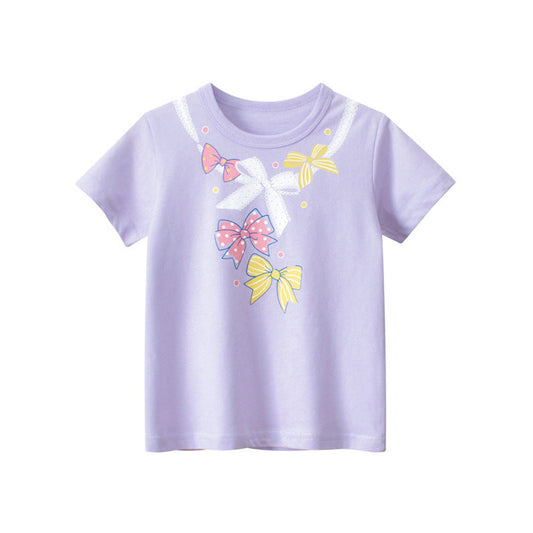 MyKids-USA® Baby Girl Solid Color Bow Tie Pattern Short Sleeve Tee