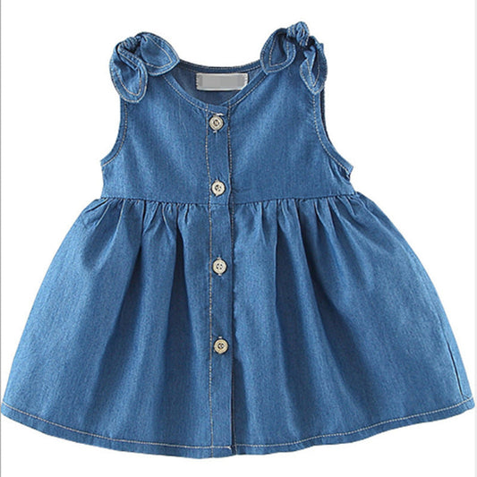 MyKids-USA® Baby Girl Solid Blue Denim Dress In Summer