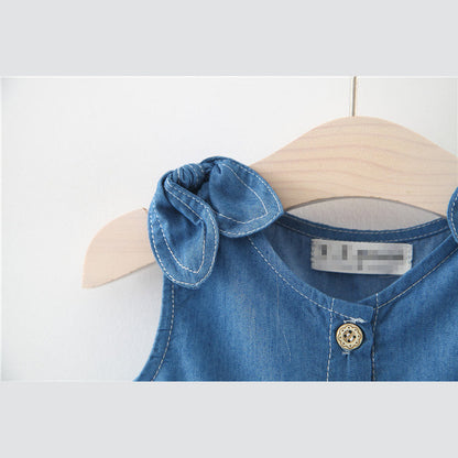 MyKids-USA® Baby Girl Solid Blue Denim Dress In