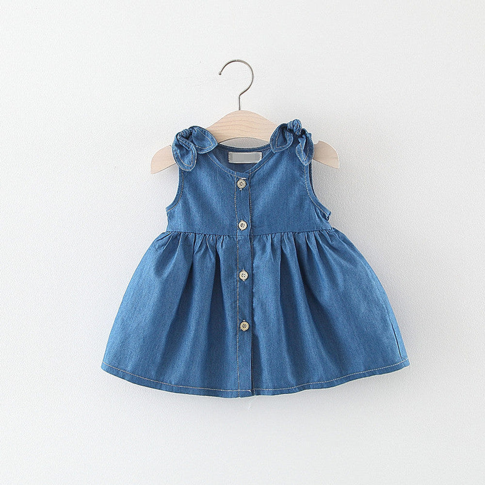 MyKids-USA® Baby Girl Solid Blue Denim Dress In