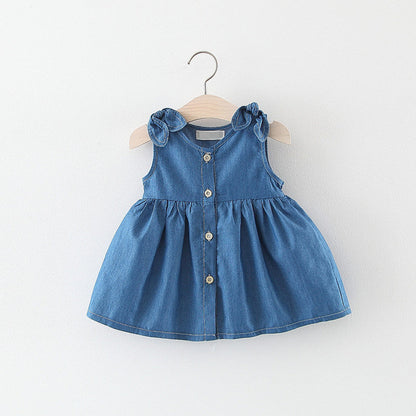 MyKids-USA® Baby Girl Solid Blue Denim Dress In