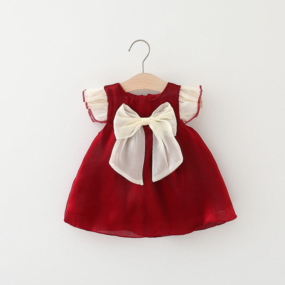 MyKids-USA® Baby Girl Solid Color Bow Tie Patched Design Mesh Princess Dress