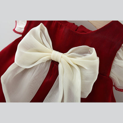 MyKids-USA® Baby Girl Solid Color Bow Tie Patched Design Mesh Princess Dress
