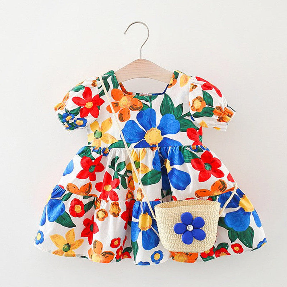 MyKids-USA® Baby Floral Pattern Short Sleeve Crewneck Dress with Purse