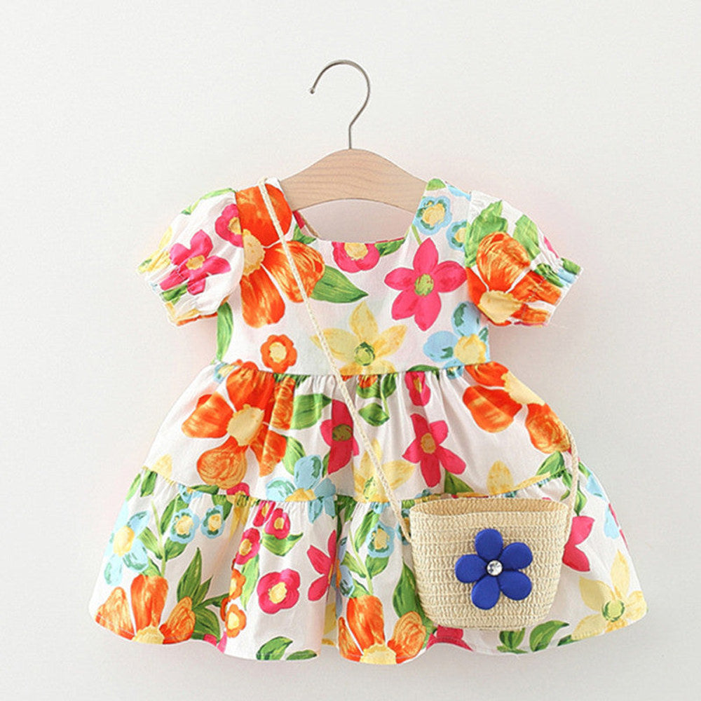 MyKids-USA® Baby Floral Pattern Short Sleeve Crewneck Dress with Purse