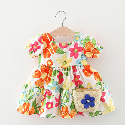 MyKids-USA® Baby Floral Pattern Short Sleeve Crewneck Dress with Purse